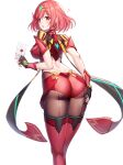  1girl ? ass back bangs black_gloves blush breasts duplicate earrings envelope fingerless_gloves gloves highres jewelry large_breasts letter looking_at_viewer looking_back open_mouth pantyhose pixel-perfect_duplicate pyra_(xenoblade) red_eyes red_hair red_shorts ririko_(zhuoyandesailaer) shiny shiny_clothes shiny_hair short_hair short_shorts shorts simple_background smash_invitation solo super_smash_bros. swept_bangs thighhighs tiara wax_seal xenoblade_chronicles_(series) xenoblade_chronicles_2 
