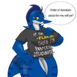  big_breasts billfish blue_body breasts brown_eyes clothed clothing earhole english_text female fin fish gills humanoid istiophoriform karinfysh marine overweight partially_clothed pineapple_pizza shirt slightly_chubby striped_body stripes swordfish text topwear wide_hips 