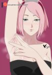  1girl agung911 arm_behind_head arm_up armpits bangs bare_shoulders breasts cleavage fingernails green_eyes hairband hand_up haruno_sakura highres large_breasts looking_at_viewer naruto naruto_(series) parted_bangs parted_lips patreon_username pink_background pink_hair presenting_armpit shiny shiny_skin signature simple_background sleeveless solo steam steaming_body sweat upper_body 
