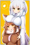  &gt;:) 2girls animal_ears berusa_(berutoo) blush breast_grab breast_rest breasts breasts_on_head brown_hair fur_collar grabbing hand_on_another&#039;s_head heart highres japanese_clothes japanese_wolf_(kemono_friends) kemono_friends kimono large_breasts licking_lips makami_(kemono_friends) medium_hair multiple_girls necktie orange_eyes simple_background smile spoken_heart tongue tongue_out v-shaped_eyebrows white_hair wide_sleeves wolf_ears wolf_girl yellow_background yellow_eyes 