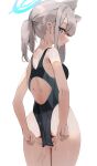  1girl adjusting_clothes adjusting_swimsuit animal_ear_fluff animal_ears ass black_swimsuit blue_archive blue_eyes blush cat_ears clothes_pull competition_swimsuit from_behind grey_hair highleg highleg_swimsuit highres long_hair looking_back nail_polish one-piece_swimsuit ponytail pulled_by_self sabashi shiroko_(blue_archive) simple_background solo swimsuit swimsuit_pull thighs wet wet_clothes wet_swimsuit white_background 