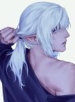 1boy bangs commentary elezen elf english_commentary estinien_varlineau final_fantasy final_fantasy_xiv from_behind grey_hair half-closed_eyes hand_in_own_hair looking_back low_ponytail male_focus medium_hair off_shoulder parted_lips pointy_ears portrait purple_eyes realistic scar scar_on_arm scar_on_back scar_on_neck simple_background solo untying white_background zhyphenth 