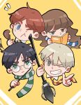  1girl 3boys alternate_universe bangs blending blonde_hair blue_eyes blue_scarf book broom brown_eyes brown_hair cheek_poking chibi chicken_(food) child collared_shirt draco_malfoy female_child food frown glasses green_eyes green_scarf grey_eyes grin gryffindor hands_up harry_potter harry_potter_(series) hermione_granger highres hogwarts_school_uniform holding holding_broom holding_food holding_wand hufflepuff long_hair long_sleeves looking_at_viewer male_child multiple_boys necktie one_eye_closed open_book orange_hair poking ravenclaw reading ron_weasley rs382302 scar scar_on_face scar_on_forehead scarf school_uniform shirt slytherin smile sparkle striped striped_necktie striped_scarf sweatdrop wand yellow_background 