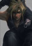  1boy arm_up bare_shoulders black_gloves blonde_hair blue_eyes closed_mouth cloud_strife eyes_visible_through_hair final_fantasy final_fantasy_vii gloves greatsword grey_background hair_between_eyes holding holding_sword holding_weapon male_focus noie_(neunteedelstein) simple_background single_bare_shoulder sketch solo spiked_hair squatting sword twitter_username weapon weapon_on_back 