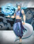  1boy animal_ears armband aura baggy_pants bandaged_arm bandages belt blue_eyes blue_fire bracelet clenched_hand compression_shirt crop_top ear_piercing earrings fire floating fox_ears fox_tail highres jacket jewelry jin_(sirius-j) legband looking_at_viewer male_focus mature_male necklace original pants piercing solo spiked_hair tail white_fur white_hair wristband 