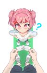  1boy 1girl ? doki_doki_literature_club flat_chest gym_uniform headband highres looking_at_viewer looking_up natsuki_(doki_doki_literature_club) pettankon pink_eyes pink_hair pov spoken_question_mark sports_festival twintails white_background 