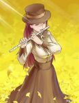  1girl artist_name autumn_leaves bamboocm breasts brown_headwear brown_skirt closed_eyes cowboy_shot field flute from_above from_side hands_up happy hat holding holding_instrument hunter_x_hunter instrument long_sleeves music playing_instrument red_hair senritsu shirt skirt smile solo standing sunlight white_shirt younger 