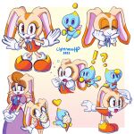  &lt;3 1:1 2022 5_fingers absurd_res anthro artist_name blue_body blush bow_tie brown_eyes chao_(sonic) cheese_the_chao clothed clothing cream_the_rabbit daughter dessert dress exclamation_point eyelashes female fingers food gloves group handwear hi_res ice_cream lagomorph leporid lightnesshp mammal mother mother_and_child mother_and_daughter parent parent_and_child question_mark rabbit sega simple_background smile sonic_the_hedgehog_(series) text trio vanilla_the_rabbit young 