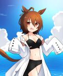  1girl agnes_tachyon_(umamusume) ahoge animal_ears bangs bare_shoulders bikini black_bikini breasts brown_hair cleavage cloud coat cowboy_shot earrings halter_top halterneck hands_up highres horse_ears horse_girl horse_tail jewelry kuroshiro1011 labcoat looking_at_viewer medium_breasts medium_hair navel off_shoulder open_mouth orange_eyes outdoors sarong single_earring sleeves_past_fingers sleeves_past_wrists smile solo swimsuit tail umamusume water white_coat 