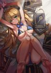  1girl absurdres ahoge artoria_caster_(fate) artoria_pendragon_(fate) bangs bare_shoulders bed bed_sheet berserker_class_(fate) bikini black_bow black_bracelet blonde_hair blue_bikini blue_panties blush book bow bracelet breasts caster_class_(fate) closed_mouth fate/grand_order fate_(series) full_body green_eyes hair_between_eyes hair_ornament hands_up highres jewelry lancer_class_(fate) leg_up legs legs_together long_hair looking_at_viewer ornament panties purple_bow ralf saber_class_(fate) shadow simple_background small_breasts smile solo sunlight swimsuit thighhighs twintails underwear 