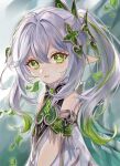  1girl bare_shoulders blush dress elf genshin_impact green_eyes hair_ornament highres leaf looking_at_viewer nahida_(genshin_impact) parted_lips pointy_ears side_ponytail symbol-shaped_pupils una_kamra white_dress white_hair 