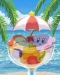  beach closed_eyes cloud cloudy_sky cup day drink food fruit glass highres kirby kirby_(series) looking_to_the_side miclot ocean palm_tree sand sky smile sparkling_eyes star_(symbol) tree umbrella waddle_dee water 