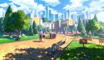  absurdres bag building bush card city cloud cloudy_sky dragon fantasy flower grass highres kevin_gnutzmans league_of_legends outdoors park people playing playing_card road scenery school school_uniform sign sky star_guardian_(league_of_legends) tower tree walking 