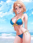 1girl arms_behind_back aztodio bangs bare_shoulders beach bikini blonde_hair blue_bikini blue_eyes blue_sky blush breasts cleavage collarbone hair_ornament hairclip large_breasts looking_at_viewer navel ocean open_mouth parted_bangs pointy_ears princess_zelda shore short_hair sidelocks sky smile solo swimsuit the_legend_of_zelda the_legend_of_zelda:_breath_of_the_wild thighs 