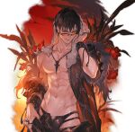  1boy abs belial_(granblue_fantasy) black_hair black_swimsuit contrapposto granblue_fantasy jewelry looking_at_viewer male_focus male_swimwear minaba_hideo navel necklace no_nipples off_shoulder official_alternate_costume official_art parted_lips red_eyes solo sunglasses sunset swim_briefs swimsuit topless_male wet zipper_panties 