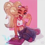  &lt;3 &lt;3_eyes activision anthro breasts clothing coco_bandicoot computer crash_bandicoot_(series) eyewear female fur gesture goggles hand_gesture hi_res honi_do laptop one_eye_closed overalls solo suggestive suggestive_gesture video_games wet wet_clothing wink 