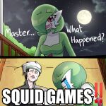  2022 2koma :s bodily_fluids breasts brendan_(pok&eacute;mon) brown_hair cleavage clothed clothing comic crying defeated dialogue duo english_text exclamation_point eyes_closed female gardevoir green_hair hair hair_over_eye hat headgear headwear hi_res human humanoid humor instant_loss_2koma light male mammal medium_breasts meme moon moonlight night_sky nintendo not_furry one_eye_obstructed pearboy-ooh pok&eacute;mon pok&eacute;mon_(species) red_eyes signature squid_game tears text video_games 