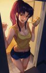  1girl arm_support armpits bangs bare_arms blue_shorts blush breasts can cleavage collarbone cutoffs denim denim_shorts doorway drink highres holding holding_drink katsuragi_misato leg_up long_hair looking_at_viewer medium_breasts midriff nasubin_(nasubisamurai15) navel neon_genesis_evangelion open_fly open_mouth parted_bangs ponytail purple_eyes purple_hair short_shorts shorts sidelocks smile solo standing standing_on_one_leg strap_slip tank_top thighs tile_floor tiles yellow_tank_top 