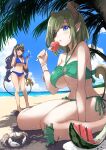  2girls 774_inc. :o ball bangs beach beachball bikini black_hair blue_bikini blue_eyes braid breasts brown_horns crab criss-cross_halter curled_horns dark-skinned_female dark_skin day demon_girl demon_horns demon_tail eating eyepatch food fork fruit green_bikini green_hair halterneck highres honey_strap horns jyaco large_breasts long_hair looking_at_viewer multiple_girls navel ocean open_mouth outdoors palm_tree pointy_ears sand scrunchie sekishiro_mico shimamura_charlotte short_hair side-tie_bikini sitting standing sweat swept_bangs swimsuit tail tree twin_braids underboob very_long_hair virtual_youtuber wariza watermelon watermelon_slice wrist_scrunchie yellow_eyes 