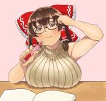  1girl bangs bespectacled black-framed_eyewear bow breast_grab breasts brown_eyes brown_hair brown_sweater closed_mouth commentary_request cookie_(touhou) cowboy_shot frilled_bow frilled_hair_tubes frills glasses grabbing hair_bow hair_tubes hakurei_reimu holding holding_pencil kanna_(cookie) large_breasts long_hair looking_down mechanical_pencil mo-fu pencil red_bow shiny shiny_skin sidelocks sleeveless sleeveless_sweater sleeveless_turtleneck solo sweater touhou turtleneck 