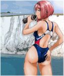  1girl aircraft airplane ark_royal_(kancolle) ass bangs biplane blue_eyes blue_swimsuit blunt_bangs bob_cut bottle cliff clothes_writing competition_swimsuit drinking from_behind hairband hand_on_own_ass igarashi_tetsuwo inverted_bob kantai_collection looking_back one-piece_swimsuit outdoors profile red_hair short_hair solo swimsuit swordfish_(airplane) water_bottle 