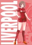  1girl absurdres breasts brown_eyes brown_hair hachimitsu_shitate highres large_breasts liverpool_fc original pink_background premier_league red_background shin_guards shirt shoes shorts sneakers soccer soccer_uniform socks solo sportswear t-shirt title two-tone_background 