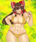  1girl abs ass_visible_through_thighs bangs bikini blush bow breasts brown_eyes brown_hair closed_mouth commentary_request cookie_(touhou) cowboy_shot frilled_bow frilled_hair_tubes frills green_background hair_bow hair_tubes hakurei_reimu halterneck kanna_(cookie) large_breasts long_hair looking_at_viewer mo-fu muscular muscular_female navel red_bow shiny shiny_skin sidelocks smile solo swimsuit touhou yellow_bikini 