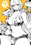  1girl 1other amazon breasts cloak collarbone highres large_breasts looking_at_viewer looking_back marguerite medium_hair monochrome navel one_piece open_mouth simple_background snake sweatdrop upper_body yellow_background yellow_eyes yotsumi_shiro 