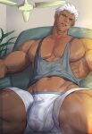  1boy archer_(fate) bara boxer_briefs bulge chachi_(soulga) dark-skinned_male dark_skin fate/grand_order fate/stay_night fate_(series) grey_tank_top large_pectorals male_focus male_underwear muscular muscular_male navel nipples pectorals short_hair sitting solo sweat tank_top thick_thighs thighs underwear white_hair white_male_underwear 