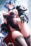  1girl absurdres arlecchino_(genshin_impact) asymmetrical_hair bangs bare_shoulders black_eyes black_gloves black_hair black_leotard black_thighhighs breasts bubble coat detached_collar fantongjun fur-trimmed_coat fur_trim genshin_impact glint gloves groin hair_between_eyes highres hip_focus lace_trim large_breasts leotard lingerie looking_at_viewer multicolored_hair off_shoulder parted_lips red_eyes short_hair solo symbol-shaped_pupils thighhighs thighs two-tone_hair underwear white_hair x-shaped_pupils 