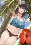  1girl :d arm_up armpits ass_visible_through_thighs bare_arms bare_shoulders bikini black_bikini blue_bikini blue_eyes blurry breasts brown_hair cleavage collarbone depth_of_field flower frilled_bikini frills hair_ribbon halterneck hibiscus highres kureha_(ironika) large_breasts long_hair looking_at_viewer mismatched_bikini navel open_mouth original palm_tree ribbon shading_eyes side-tie_bikini smile solo stomach string_bikini swimsuit thigh_gap thighs tree tsubasa_(kureha) 