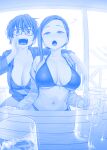  2girls alcohol arm_around_shoulder asymmetrical_hair beach_umbrella beer beer_mug bikini blue_theme breasts cleavage commentary_request cup drinking_glass drunk earrings foam getsuyoubi_no_tawawa glasses highres himura_kiseki holding hood hoodie jacket jacket_over_swimsuit jewelry kouhai-chan_(tawawa) large_breasts light_blush looking_at_viewer medium_hair mole mole_under_eye mug multiple_girls navel open_clothes open_jacket open_mouth pov railing rikei-chan_(tawawa) short_hair sitting sweat swimsuit table trembling umbrella wooden_table 
