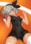  1girl bangs bare_shoulders bea_(pokemon) black_bodysuit black_hairband bodysuit bow_hairband breasts cameltoe closed_mouth collarbone commentary_request covered_navel covered_nipples cowboy_shot dark-skinned_female dark_skin dynamax_band gloves grey_eyes grey_hair hair_between_eyes hairband kirishima_satoshi knee_pads looking_at_viewer lying medium_breasts on_back pokemon pokemon_(game) pokemon_swsh shadow short_hair sidelocks single_glove skindentation solo 