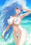  1girl :d arm_up armpits bare_arms bare_shoulders bikini blue_hair breasts cleavage collarbone cowboy_shot day emori_miku emori_miku_project floating_hair frilled_bikini frills hair_ornament halterneck hand_on_own_head highres kohanayuki large_breasts long_hair looking_at_viewer navel ocean open_mouth outdoors purple_eyes skindentation smile solo standing stomach strap_gap string_bikini swimsuit thighs very_long_hair wet white_bikini 