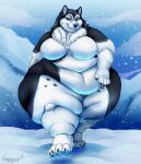  anthro belly big_belly big_breasts big_butt black_body black_fur breasts butt canid canine canis chubby_cheeks claws curvy_figure domestic_dog female full-length_portrait fur hi_res huge_butt huge_thighs husky looking_at_viewer love_handles mammal neck_tuft nordic_sled_dog nude obese oreo_(oreosoftcake) overweight portrait snow solo spitz spots thick_thighs tuft vishykin voluptuous walking white_body white_fur 