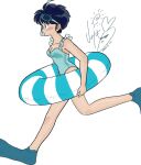 1girl 2022 blue_hair blue_swimsuit blush breasts dated diving_mask goggles highres ranma_1/2 running short_hair simple_background snorkel solo swimsuit tendou_akane u77732886 white_background 