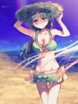  1girl alternate_hairstyle aqua_eyes aqua_hair arms_up bangs beach bikini bikini_skirt blunt_bangs blurry blurry_background breasts cleavage cowboy_shot frilled_bikini frills front-tie_bikini front-tie_top futaba_sana futaba_sana_(swimsuit_costume) green_bikini groin halterneck hands_on_headwear highres long_hair looking_at_viewer low_ponytail magia_record:_mahou_shoujo_madoka_magica_gaiden mahou_shoujo_madoka_magica navel ocean parted_bangs plaid plaid_bikini ribbon sand side-tie_bikini smile solo sparkle split_mouth swimsuit thigh_gap totte twitter_username wavy_hair yellow_ribbon 