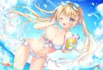  1girl ;d bare_shoulders bikini blonde_hair blue_bikini blue_eyes bow breasts cleavage collarbone day emori_miku_project emu_alice floating_hair frilled_bikini frills front-tie_bikini front-tie_top hair_bow halterneck highres holding large_breasts leaning_forward long_hair looking_at_viewer navel one_eye_closed open_mouth outdoors picpicgram plaid plaid_bikini side-tie_bikini smile solo stomach string_bikini swimsuit thighs twintails very_long_hair wading water water_gun wet 
