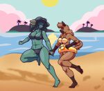  1_eye animal_humanoid anthro anthrofied beach bikini blue_hair breasts brown_body canid canine canis clothing detailed_background digital_media_(artwork) duo female female/female fur hair hi_res humanoid koi_(carrot_kiss) magnemite mammal nintendo not_furry outside petra_(carrot_kiss) pok&eacute;mon pok&eacute;mon_(species) rockruff sand seaside shaded sky smile swimwear video_games water 