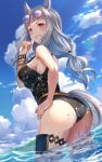  1girl animal_ears ass bangs bare_arms bare_shoulders black_swimsuit blunt_bangs bracelet breasts day eyewear_on_head from_behind gold_ship_(run_revolt_launcher)_(umamusume) gold_ship_(umamusume) grey_hair grin hand_on_hip hand_up highres horse_ears horse_girl horse_tail jewelry large_breasts long_hair looking_at_viewer looking_back low-tied_long_hair official_alternate_costume one-piece_swimsuit outdoors pink_eyes smile solo standing strap_gap sunglasses sunlight swimsuit tail thigh_strap umamusume wading water yu_ni_t 