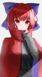  1girl black_shirt bow cloak closed_mouth hair_bow highres long_sleeves looking_at_viewer purple_bow red_eyes red_hair sekibanki shirt short_hair simple_background solo soru_nanase touhou upper_body white_background 