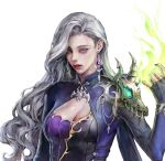  1girl armor ateli_er black_nails breasts cleavage expressionless fire green_fire green_hair grey_eyes highres jewelry long_hair looking_at_viewer magician mole mole_under_eye original pyrokinesis shoulder_armor solo upper_body wavy_hair white_background 