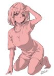  1girl absurdres arm_support arm_up bangs barefoot blush closed_mouth dated hand_up highres kneeling looking_at_viewer monochrome original shirt short_hair short_sleeves signature simple_background smile solo t-shirt unasaka_ryou white_background 