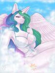  2022 anthro anthrofied bra breasts clothing cloud cutie_mark day digital_media_(artwork) equid equine eyelashes feathered_wings feathers female friendship_is_magic hair hi_res horn long_hair looking_at_viewer mammal missonika multicolored_hair my_little_pony panties pink_eyes princess_celestia_(mlp) signature smile solo thick_thighs underwear white_body white_feathers wide_hips winged_unicorn wings 