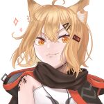  1girl :3 ahoge animal_ear_fluff animal_ears arknights bangs bare_shoulders black_cape blonde_hair cape commentary_request fang fang_out fox_ears hair_between_eyes hair_ornament hairclip highres hinaneko looking_at_viewer oripathy_lesion_(arknights) partial_commentary shirt short_hair simple_background solo sparkle upper_body vermeil_(arknights) white_background white_shirt yellow_eyes 