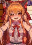  1girl absurdres bangs blue_ribbon blurry blurry_background blush bow breasts brown_horns buttons center_frills chinese_commentary depth_of_field fangs frills hair_bow hair_intakes hair_ribbon heart heart_in_eye highres horn_ornament horn_ribbon horns ibuki_suika impossible_clothes impossible_shirt incoming_hug long_hair looking_at_viewer neck_ribbon nose_blush open_mouth orange_eyes orange_hair outstretched_arms pov qiu_ju reaching_out red_bow red_ribbon ribbon shirt shouji sidelocks sleeveless sleeveless_shirt sliding_doors slit_pupils small_breasts smile solo symbol_in_eye teeth tight tongue touhou tress_ribbon very_long_hair white_ribbon white_shirt wrist_cuffs 