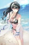  1girl absurdres beach black_hair blue_sky breasts cleavage cloud day feet_out_of_frame footprints hairband highres horizon large_breasts laza_(0ldsong) long_hair navel ocean outdoors red_eyes robe sky solo spy_x_family white_hairband white_robe yor_briar 