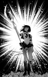  1girl bishoujo_senshi_sailor_moon boots bow breasts choker full_body gloves highres holding legs leotard magical_girl monochrome sailor_saturn short_hair skirt solo star_(symbol) yamino 