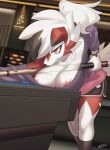  absurd_res anthro areola big_breasts billiard_table biped breast_rest breasts clothing female hi_res jewelry lycanroc nintendo nipples pok&eacute;mon pok&eacute;mon_(species) red_body red_eyes solo solo_focus video_games zinfyu 