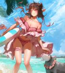  1girl animal_ears arknights banban_ban bangs bare_shoulders bikini blue_sky blush breasts bridal_garter brown_hair chinese_commentary cleavage cloud collarbone commentary_request day eyjafjalla_(arknights) eyjafjalla_(summer_flowers)_(arknights) feet_out_of_frame gradient_hair highres holding holding_innertube horns innertube long_hair multicolored_hair navel off-shoulder_bikini off_shoulder one_eye_closed pink_bikini pink_eyes pink_hair sheep sheep_ears sheep_horns short_sleeves sky solo standing striped_innertube swimsuit thighs 